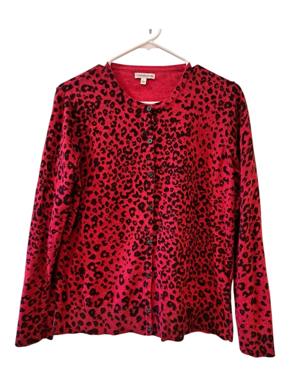 croft & barrow Red and Black Leopard Print  Cardigan 100% Cotton  size L juniors